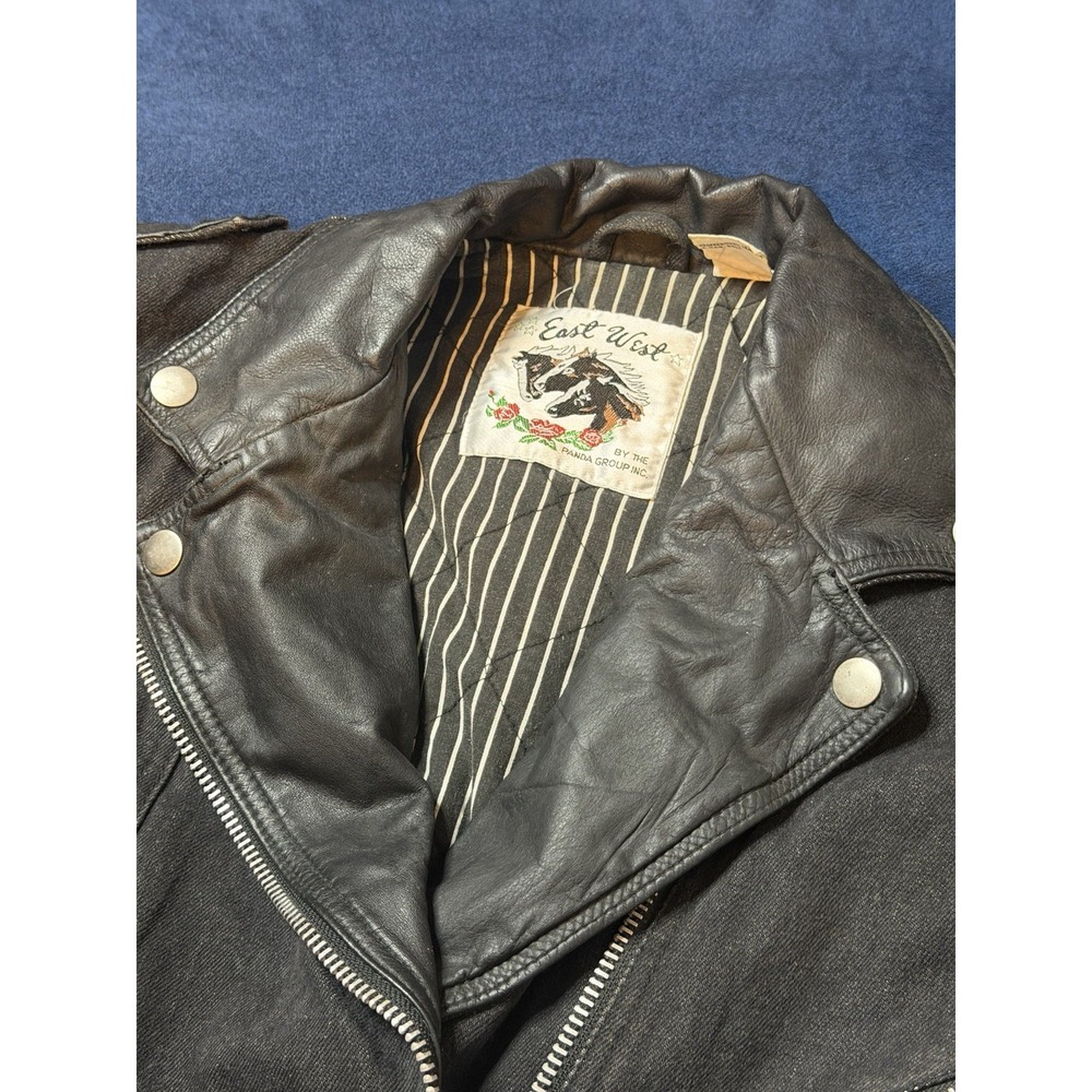 Vtg East West Black Denim&Leather Western Motorcycle Jacket Women Sz M Black